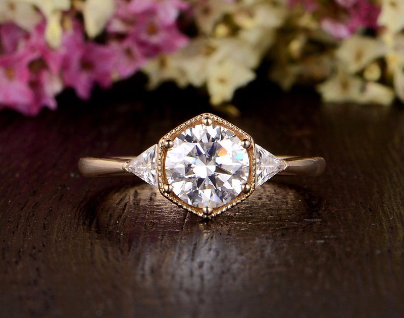 Round Cut Moissanite Engagement Ring, Art Deco Trilogy Design