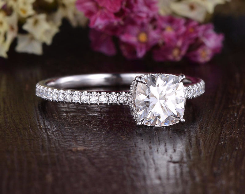 Cushion Cut Moissanite Engagement Ring, Hidden Halo Design