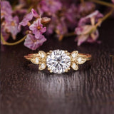 Round Cut Moissanite Engagement Ring, Unique Art Deco Design