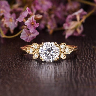Round Cut Moissanite Engagement Ring, Unique Art Deco Design
