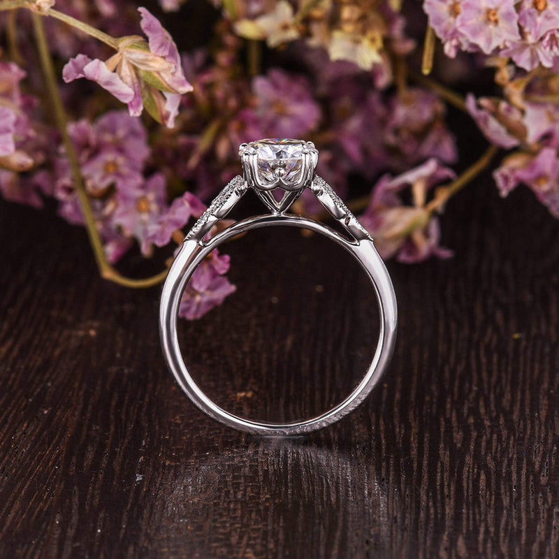 Round Cut Moissanite Engagement Ring, Unique Art Deco Design