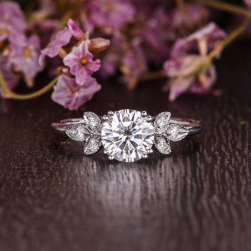 Round Cut Moissanite Engagement Ring, Unique Art Deco Design