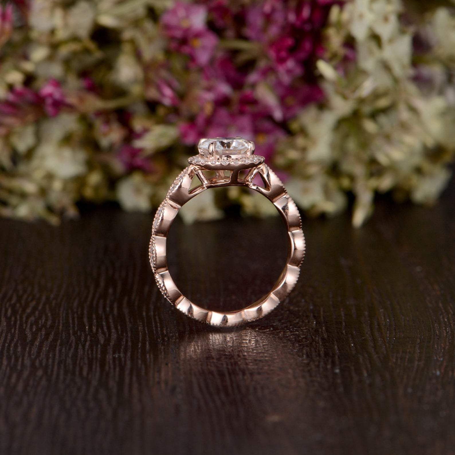 Round Cut Moissanite Engagement Ring, Art Deco Halo Design