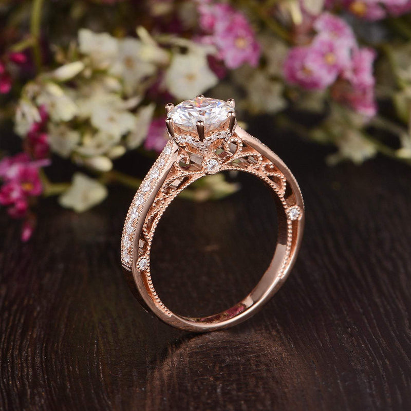 Round Cut Moissanite Engagement Ring, Unique Vintage Design