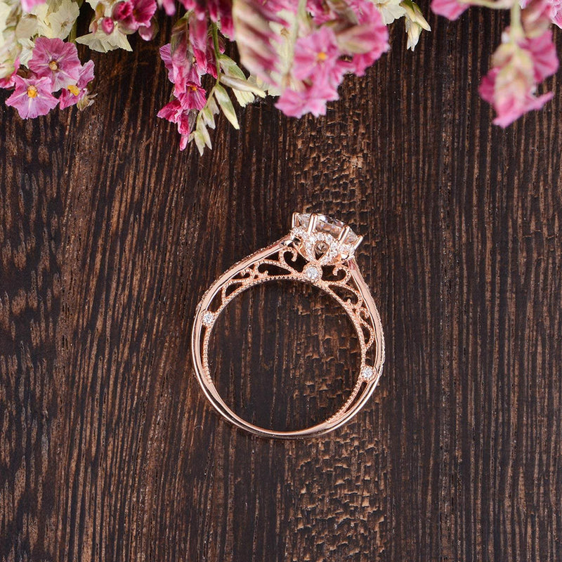 Round Cut Moissanite Engagement Ring, Unique Vintage Design