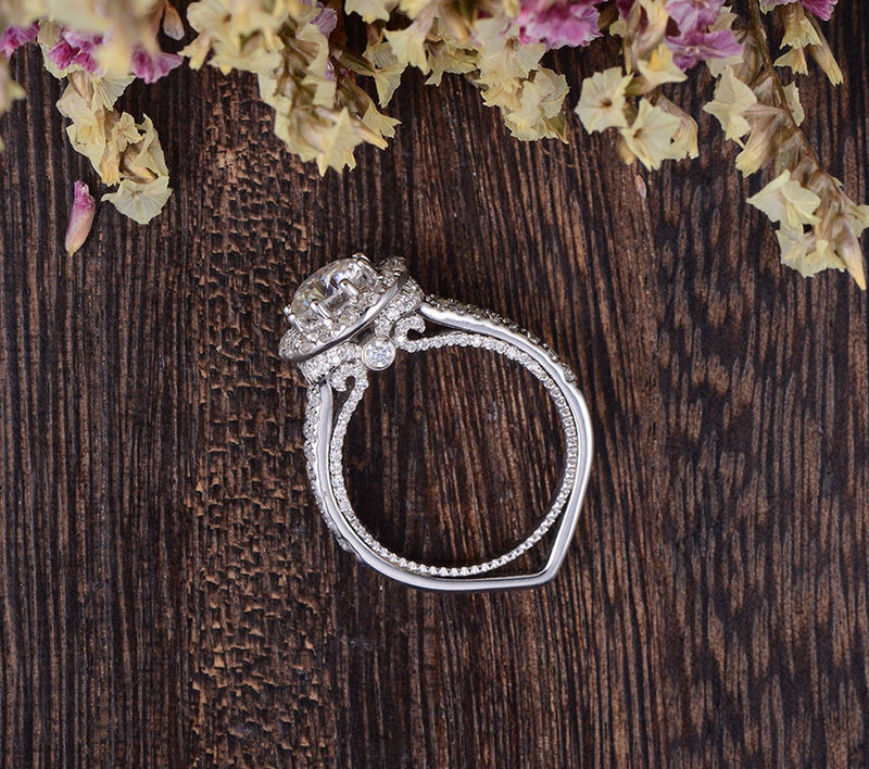 Round Cut Moissanite Engagement Ring, Vintage Halo Design