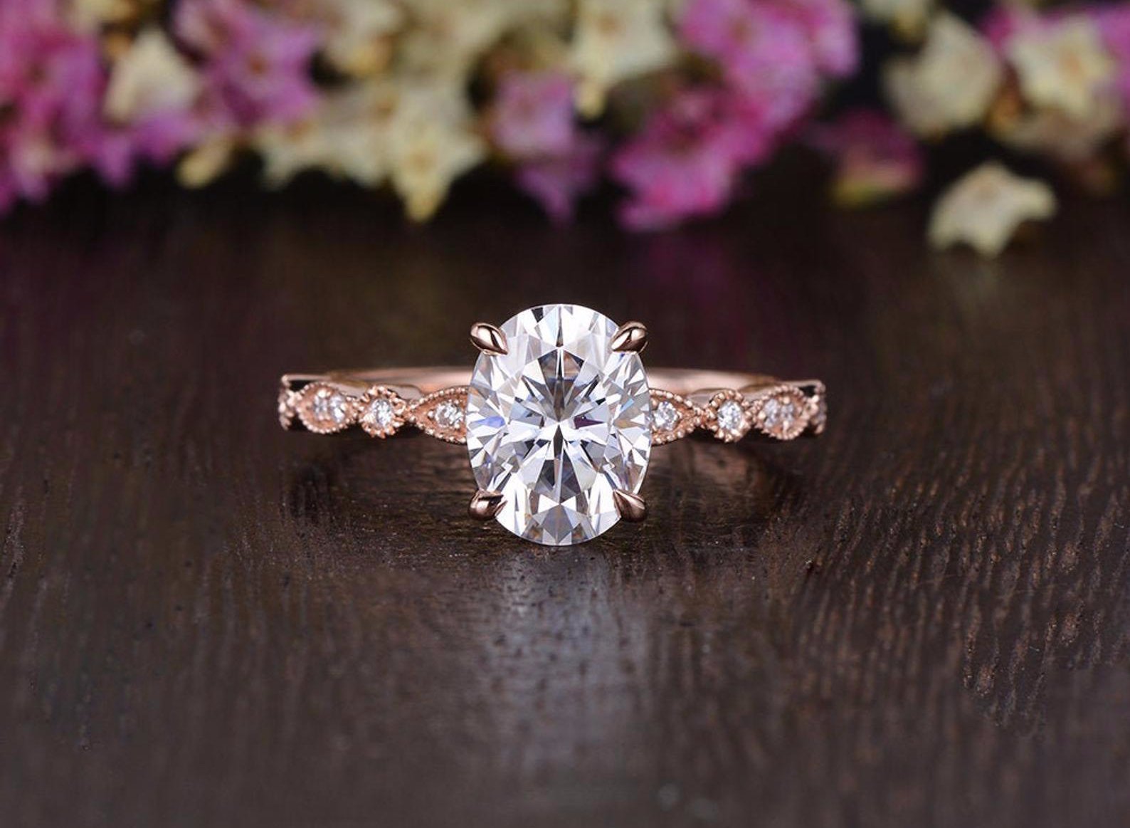 Oval Cut Moissanite Engagement Ring, Vintage Design