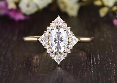 Oval Cut Moissanite Engagement Ring, Unique Vintage Halo Design