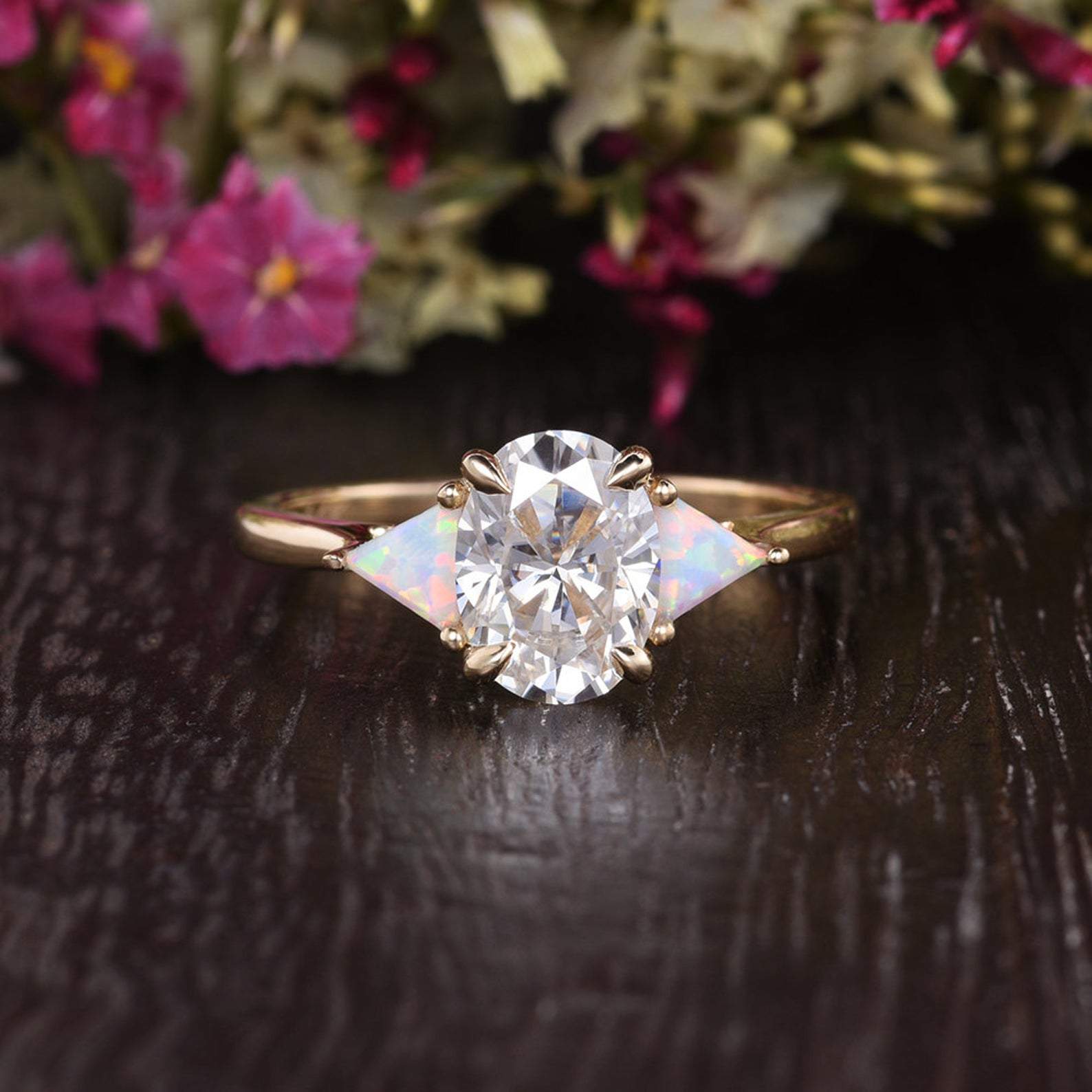 Oval Cut Moissanite Opal Engagement Ring, Edwardian Design