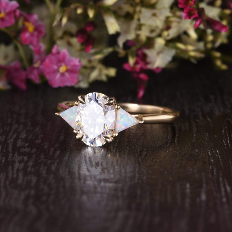 Oval Cut Moissanite & Opal Engagement Ring, Edwardian Design
