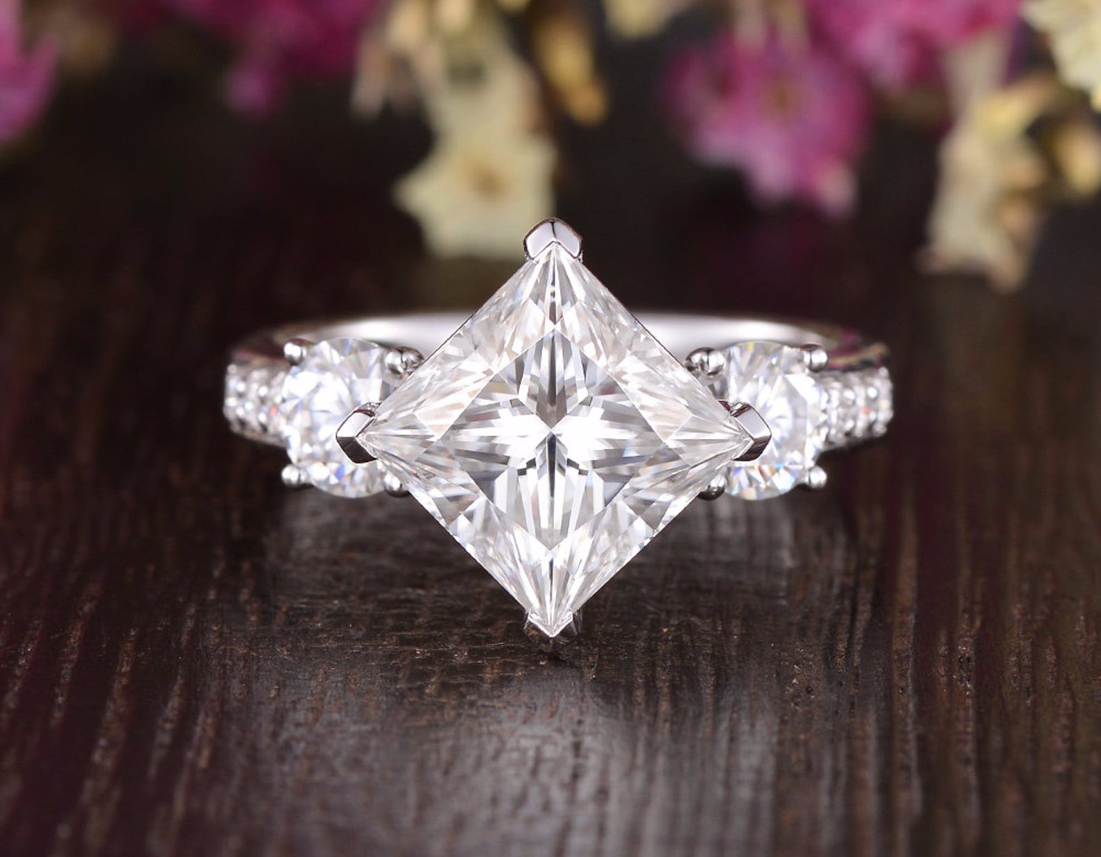 Princess Cut Moissanite Engagement Ring, Vintage Design
